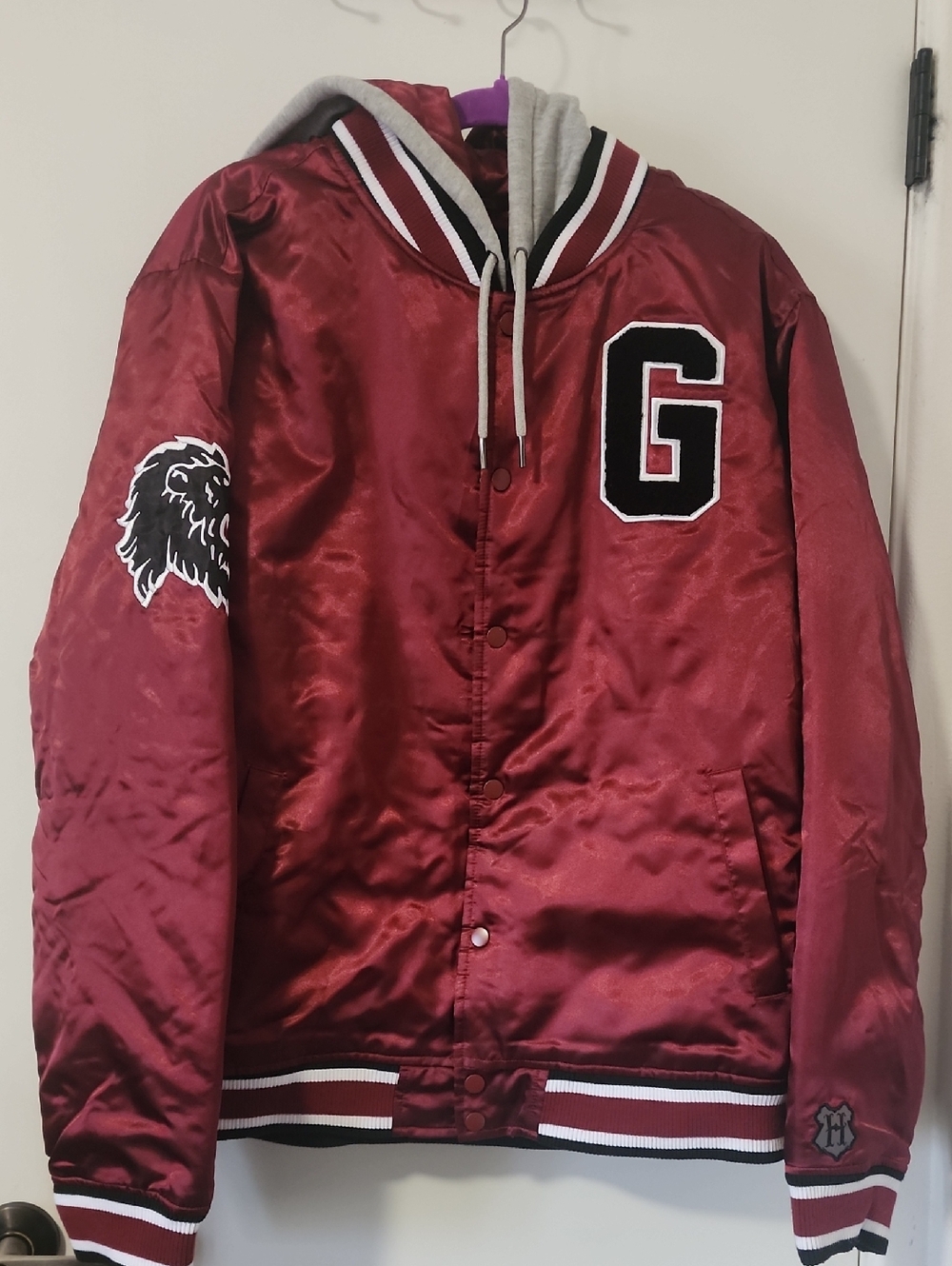 Warner Bros. Burgundy Satin Varsity Jacket with Grey Hood